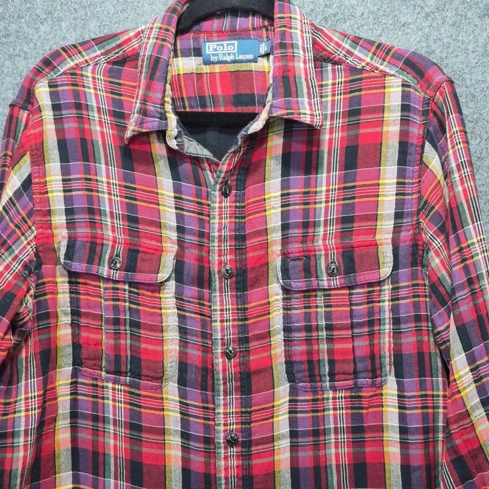 Vtg 90s Polo By Ralph Lauren Lined Flannel Shirt L Plaid 100% Cotton Preppy